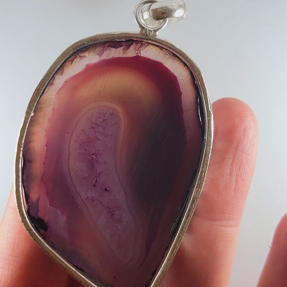 Purple Agate Geode Pendant 2.25" Polished Slice Necklace in Silver Bezel - Picture 7 of 10